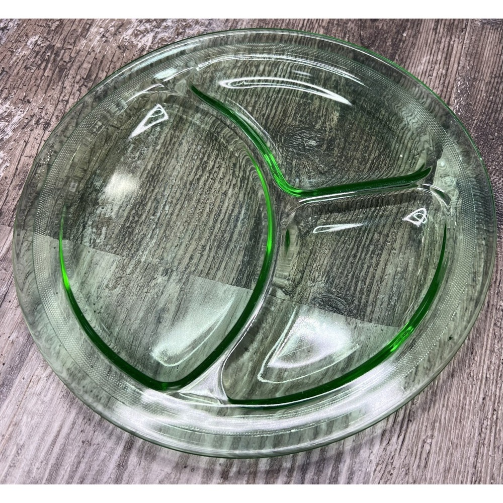 Vintage Green Uranium Vaseline Depression Glass Divided Grill Dinner Plate 9" - Picture 4 of 4